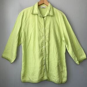 Chartreuse Linen Button Up Shirt Womens Size 14 Green Embroidered Beachy Chic